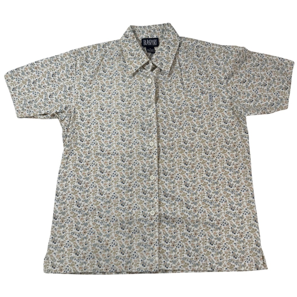 VTG Blassport Mens Medium Short Sleeve Button Up Floral Print Cotton Shirt Cream